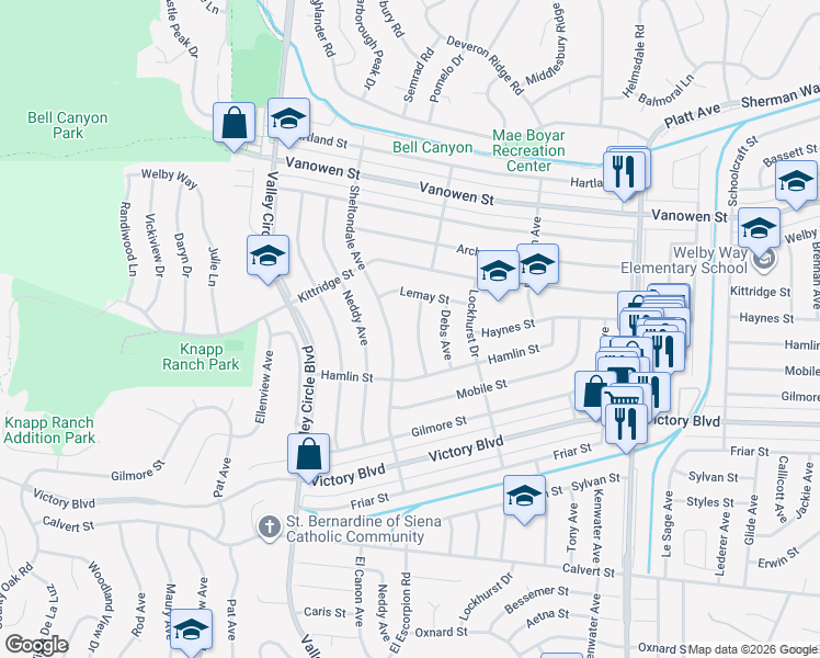 map of restaurants, bars, coffee shops, grocery stores, and more near 6551 Cleomoore Avenue in Los Angeles