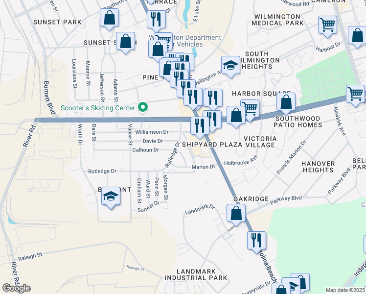 map of restaurants, bars, coffee shops, grocery stores, and more near 404 Davie Drive in Wilmington
