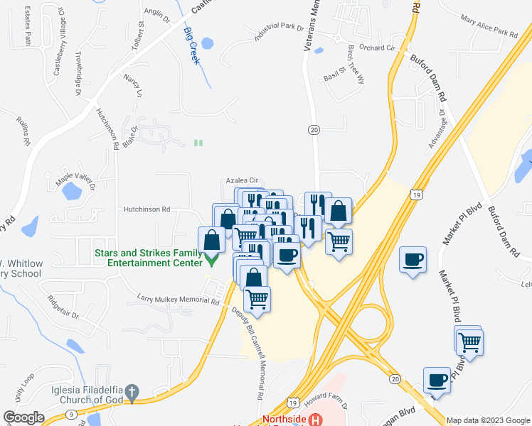 map of restaurants, bars, coffee shops, grocery stores, and more near 149 Primrose Drive in Cumming