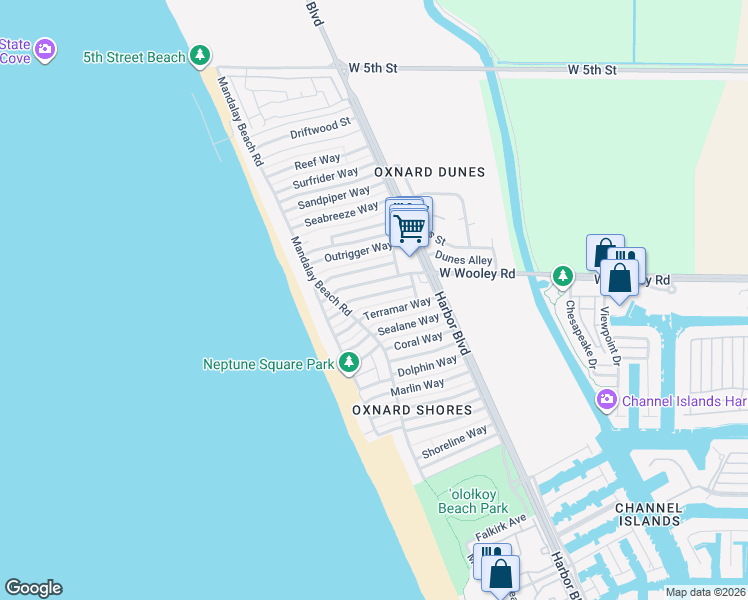 map of restaurants, bars, coffee shops, grocery stores, and more near 5150 Moonstone Way in Oxnard