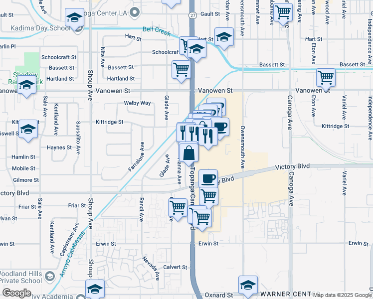 map of restaurants, bars, coffee shops, grocery stores, and more near 6551 Topanga Canyon Boulevard in Los Angeles