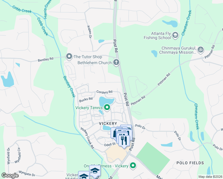 map of restaurants, bars, coffee shops, grocery stores, and more near 7315 Cordery Road in Cumming