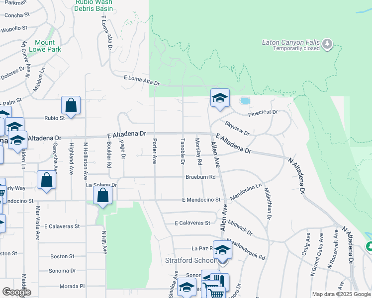 map of restaurants, bars, coffee shops, grocery stores, and more near 2542 Tanoble Drive in Altadena