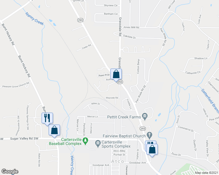 map of restaurants, bars, coffee shops, grocery stores, and more near 13 Middlebrook Drive in Cartersville