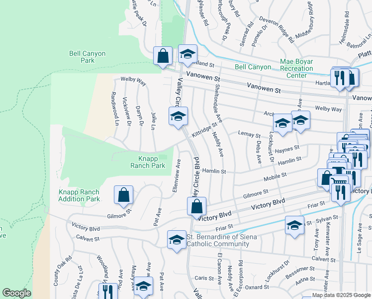 map of restaurants, bars, coffee shops, grocery stores, and more near 24403 Lemay Street in Los Angeles