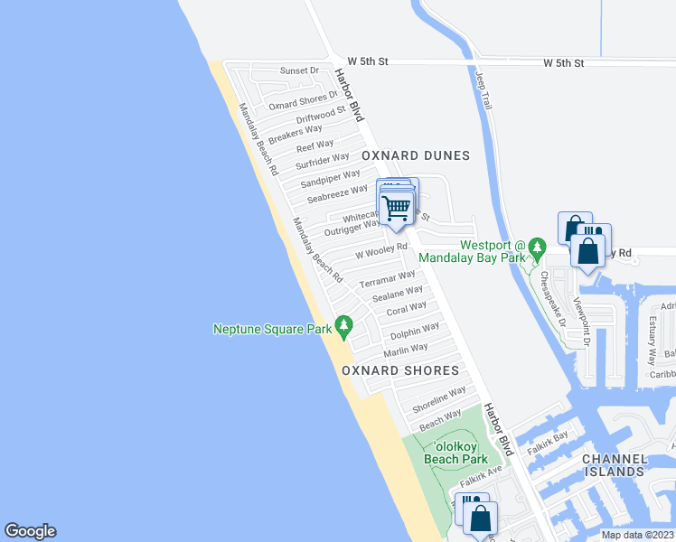 map of restaurants, bars, coffee shops, grocery stores, and more near 1130 Mandalay Beach Road in Oxnard