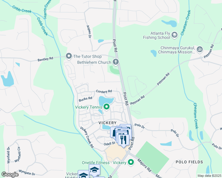 map of restaurants, bars, coffee shops, grocery stores, and more near 7285 Cordery Road in Cumming
