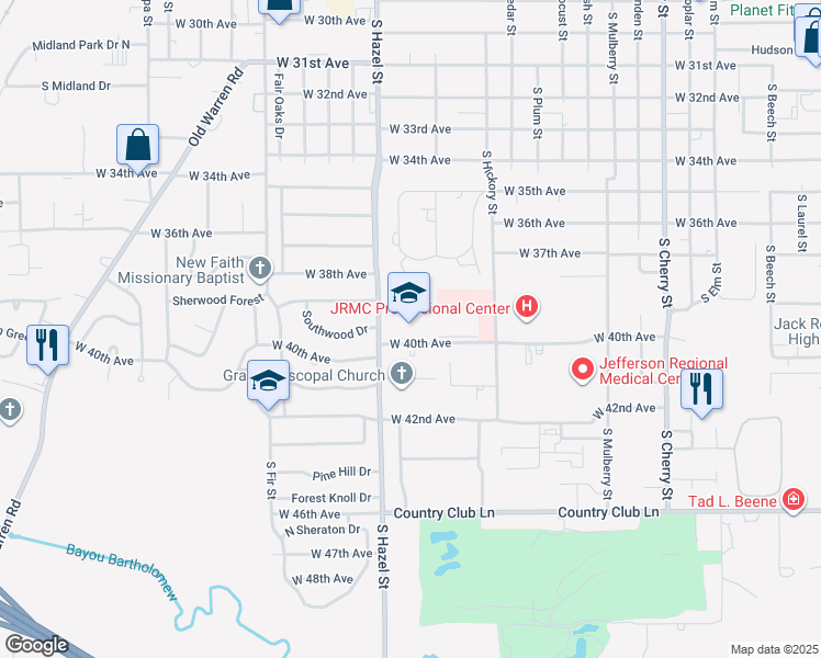 map of restaurants, bars, coffee shops, grocery stores, and more near 3911 South Hazel Street in Pine Bluff