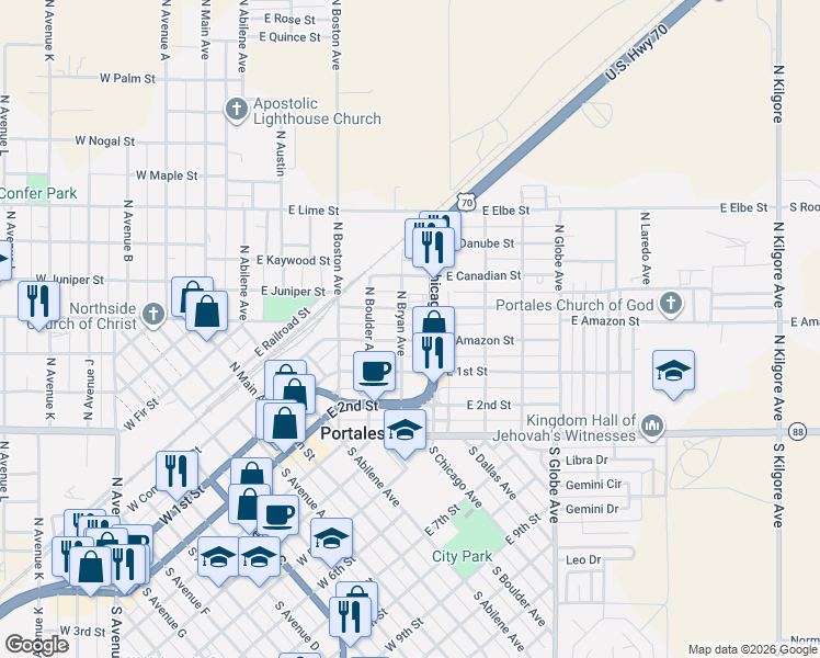 map of restaurants, bars, coffee shops, grocery stores, and more near 809 East Amazon Street in Portales