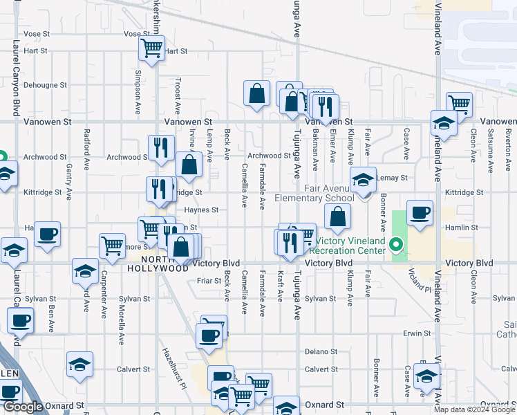 map of restaurants, bars, coffee shops, grocery stores, and more near 6535 Farmdale Avenue in Los Angeles