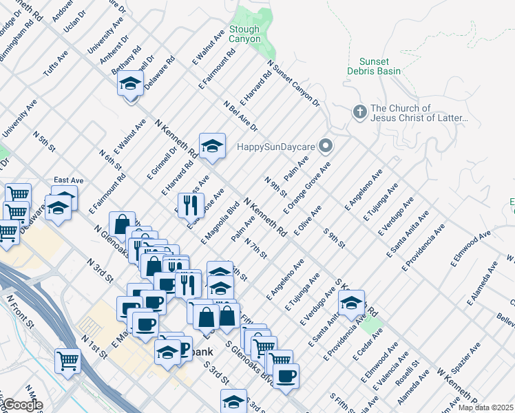 map of restaurants, bars, coffee shops, grocery stores, and more near 803 Palm Avenue in Burbank
