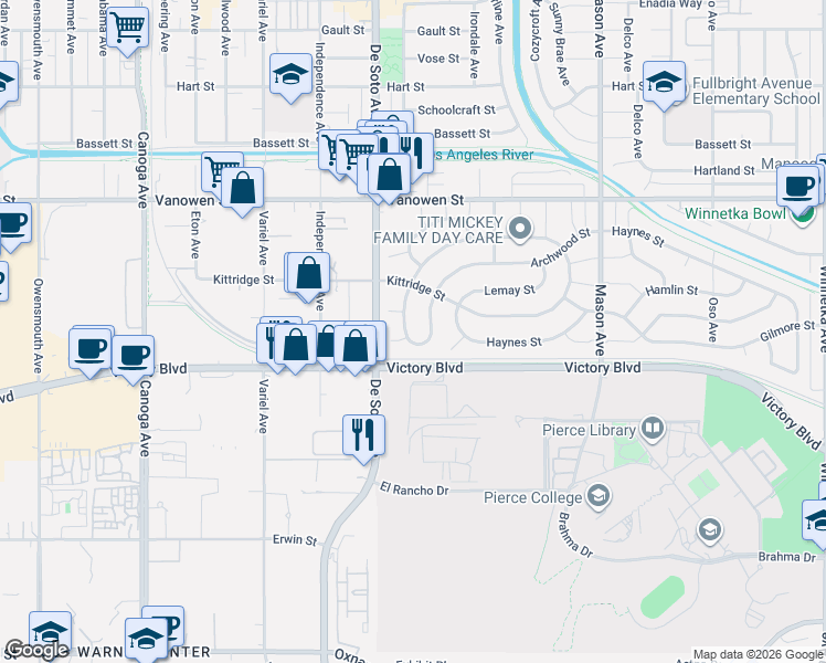 map of restaurants, bars, coffee shops, grocery stores, and more near 6540 Gazette Avenue in Los Angeles
