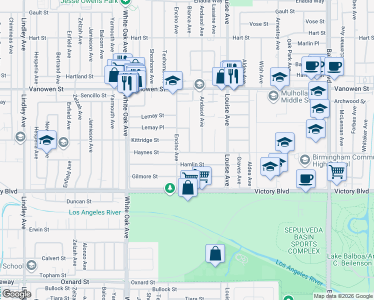map of restaurants, bars, coffee shops, grocery stores, and more near 17439 Haynes Street in Los Angeles