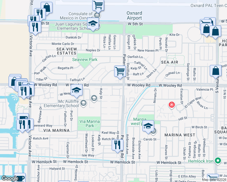 map of restaurants, bars, coffee shops, grocery stores, and more near 2970 Fanshell Walk in Oxnard