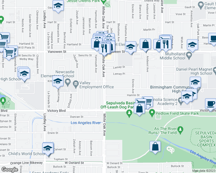 map of restaurants, bars, coffee shops, grocery stores, and more near 17647 Haynes Street in Los Angeles