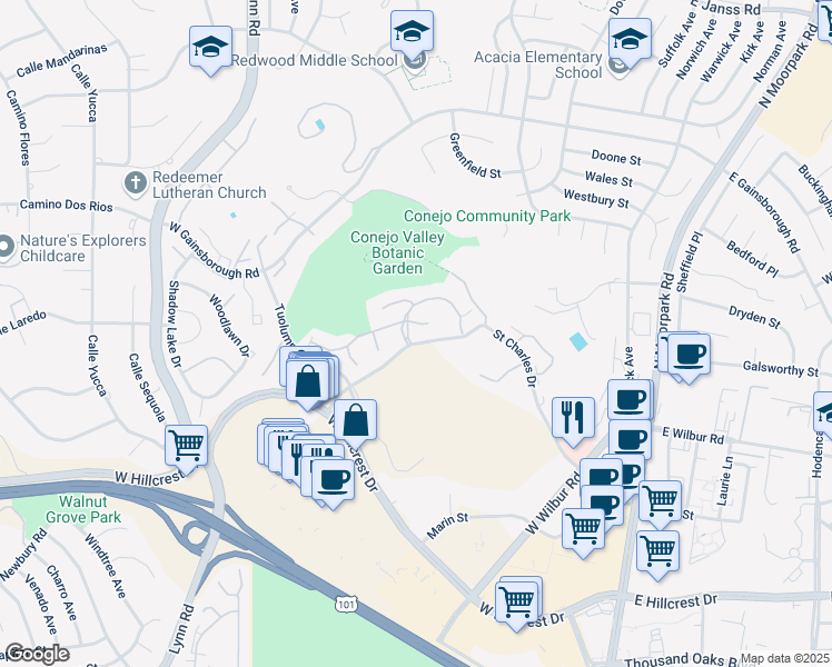 map of restaurants, bars, coffee shops, grocery stores, and more near 290 Sequoia Court in Thousand Oaks