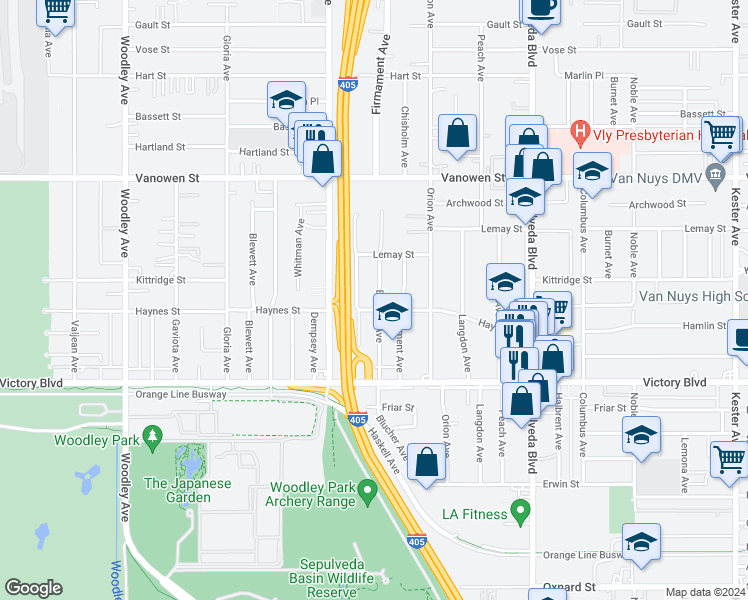 map of restaurants, bars, coffee shops, grocery stores, and more near 6527 Blucher Avenue in Los Angeles
