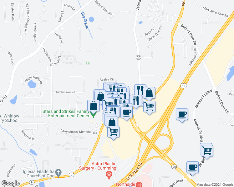 map of restaurants, bars, coffee shops, grocery stores, and more near 151 Primrose Drive in Cumming