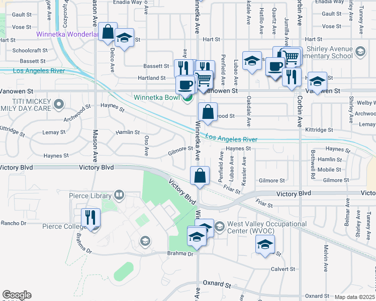 map of restaurants, bars, coffee shops, grocery stores, and more near 6552 Comanche Avenue in Los Angeles