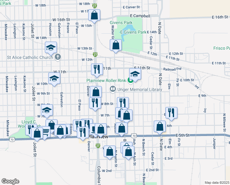 map of restaurants, bars, coffee shops, grocery stores, and more near 200 West 9th Street in Plainview
