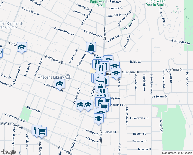 map of restaurants, bars, coffee shops, grocery stores, and more near 780 Fontanet Way in Altadena