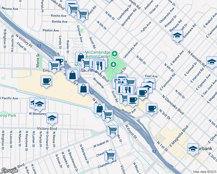 map of restaurants, bars, coffee shops, grocery stores, and more near 1323 Scott Road in Burbank