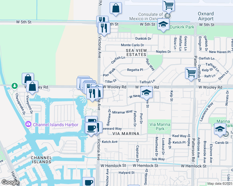 map of restaurants, bars, coffee shops, grocery stores, and more near 3621 Via Pacifica Walk in Oxnard