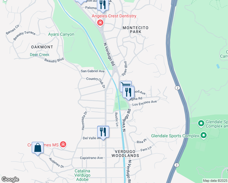map of restaurants, bars, coffee shops, grocery stores, and more near 1734 Willow Drive in Glendale