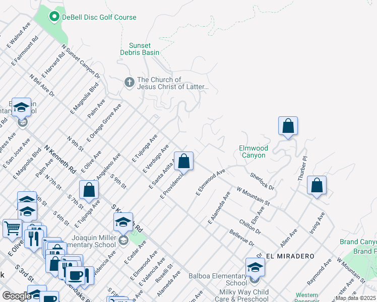 map of restaurants, bars, coffee shops, grocery stores, and more near 506 South Sunset Canyon Drive in Burbank