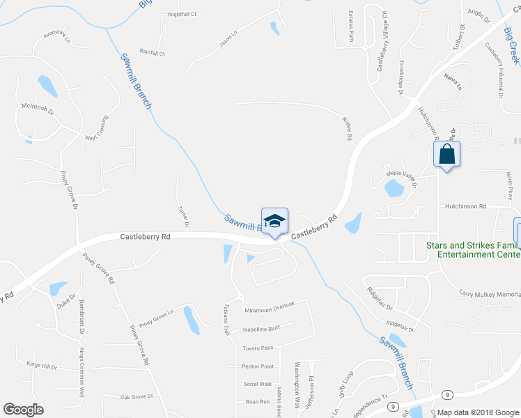 map of restaurants, bars, coffee shops, grocery stores, and more near 3680 Castleberry Road in Cumming