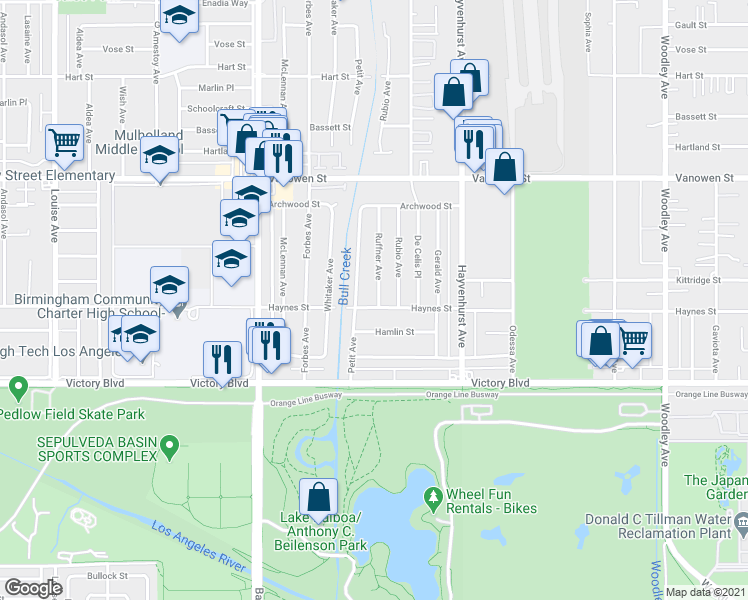 map of restaurants, bars, coffee shops, grocery stores, and more near 6531 Ruffner Avenue in Los Angeles