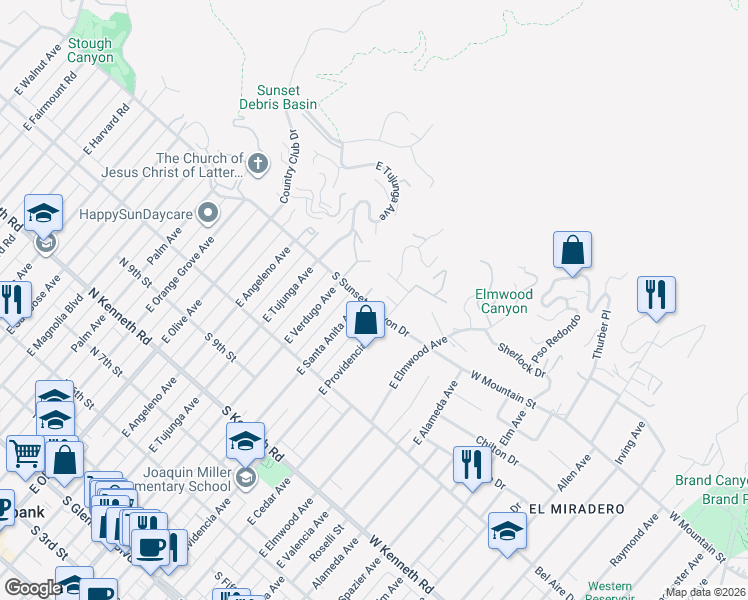 map of restaurants, bars, coffee shops, grocery stores, and more near 506 South Sunset Canyon Drive in Burbank