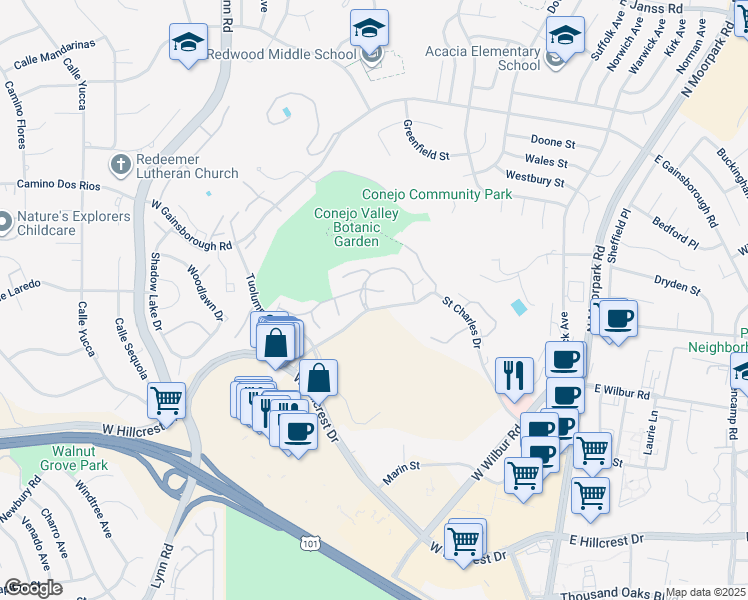 map of restaurants, bars, coffee shops, grocery stores, and more near 290 Sequoia Court in Thousand Oaks