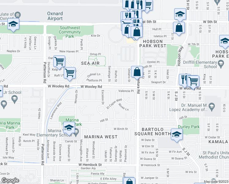 map of restaurants, bars, coffee shops, grocery stores, and more near 1121 Rivas Lane in Oxnard