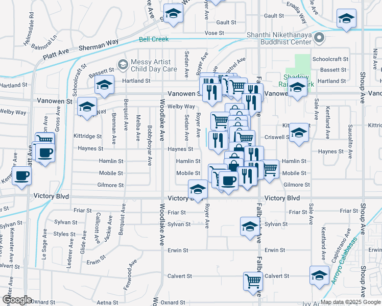 map of restaurants, bars, coffee shops, grocery stores, and more near 23020 Haynes Street in Los Angeles