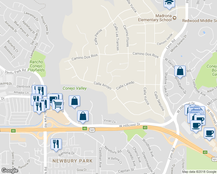 map of restaurants, bars, coffee shops, grocery stores, and more near Calle Arroyo in Thousand Oaks