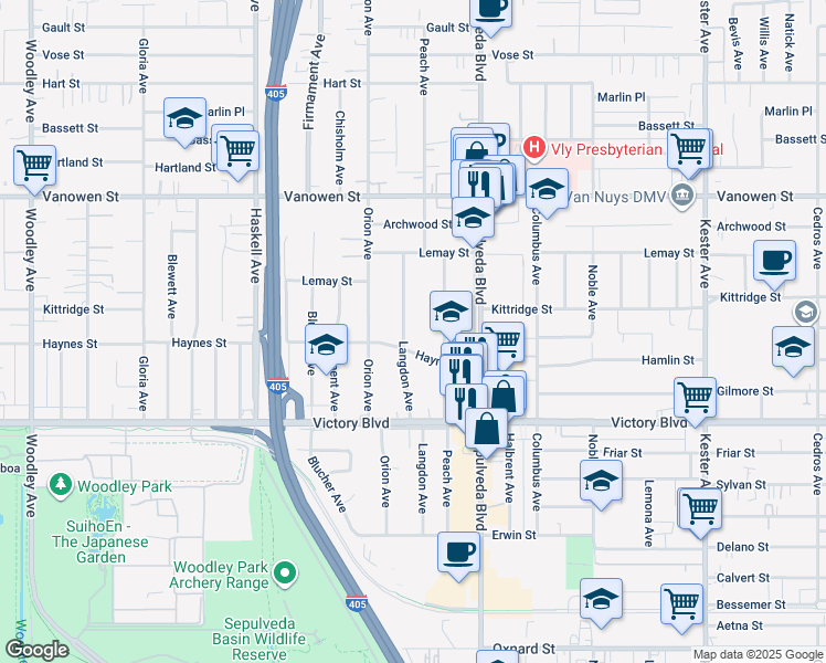 map of restaurants, bars, coffee shops, grocery stores, and more near 6528 Langdon Avenue in Los Angeles