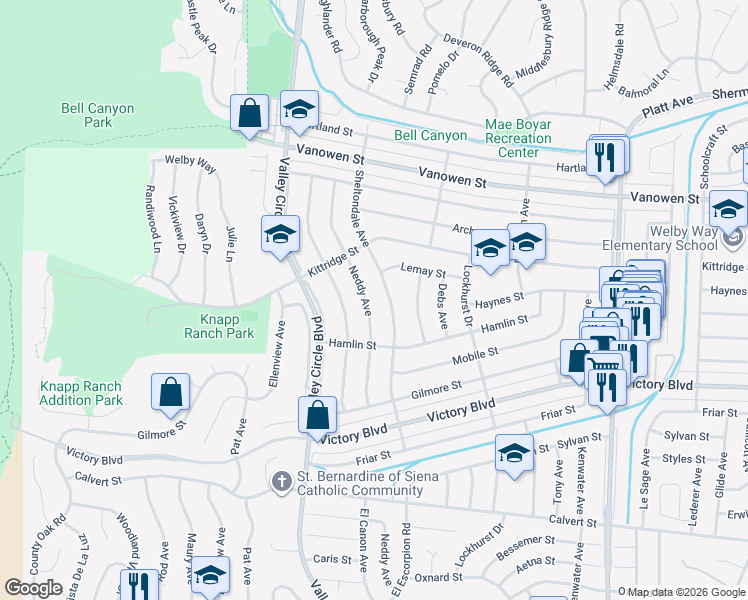 map of restaurants, bars, coffee shops, grocery stores, and more near 6552 Neddy Avenue in Los Angeles