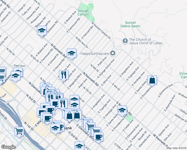 map of restaurants, bars, coffee shops, grocery stores, and more near 827 East Orange Grove Avenue in Burbank