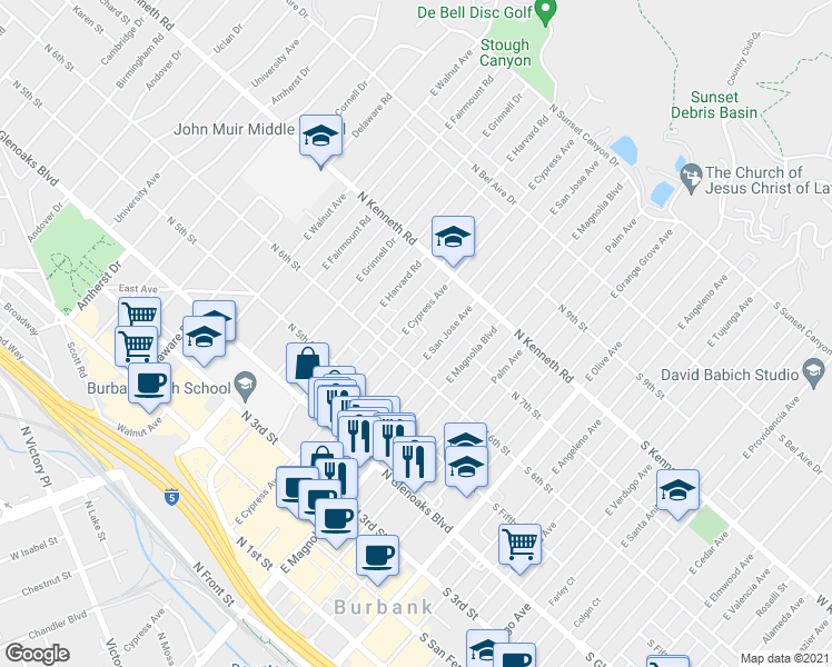 map of restaurants, bars, coffee shops, grocery stores, and more near 620 East Cypress Avenue in Burbank