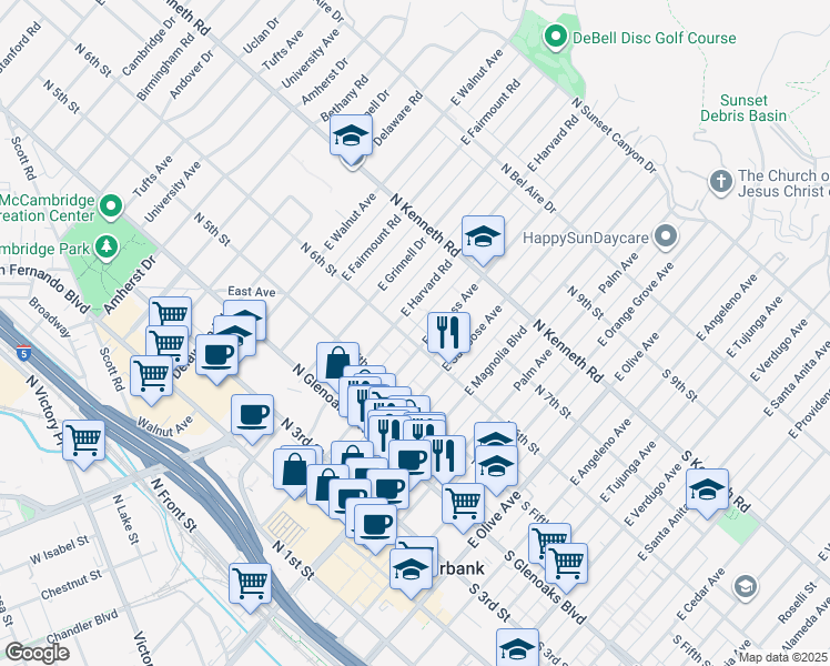 map of restaurants, bars, coffee shops, grocery stores, and more near 621 North 6th Street in Burbank