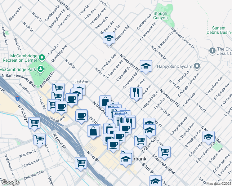 map of restaurants, bars, coffee shops, grocery stores, and more near 512 East Grinnell Drive in Burbank