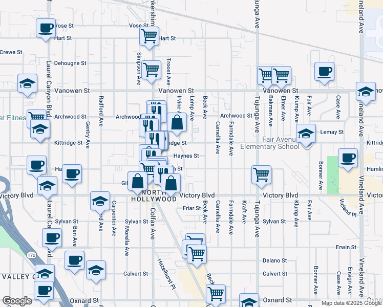 map of restaurants, bars, coffee shops, grocery stores, and more near 11601 Haynes Street in Los Angeles
