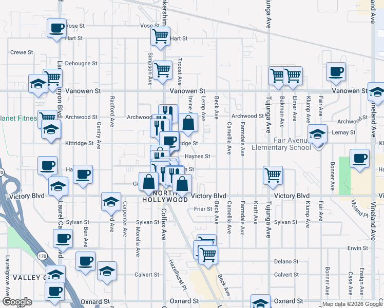 map of restaurants, bars, coffee shops, grocery stores, and more near 11641 Haynes Street in Los Angeles