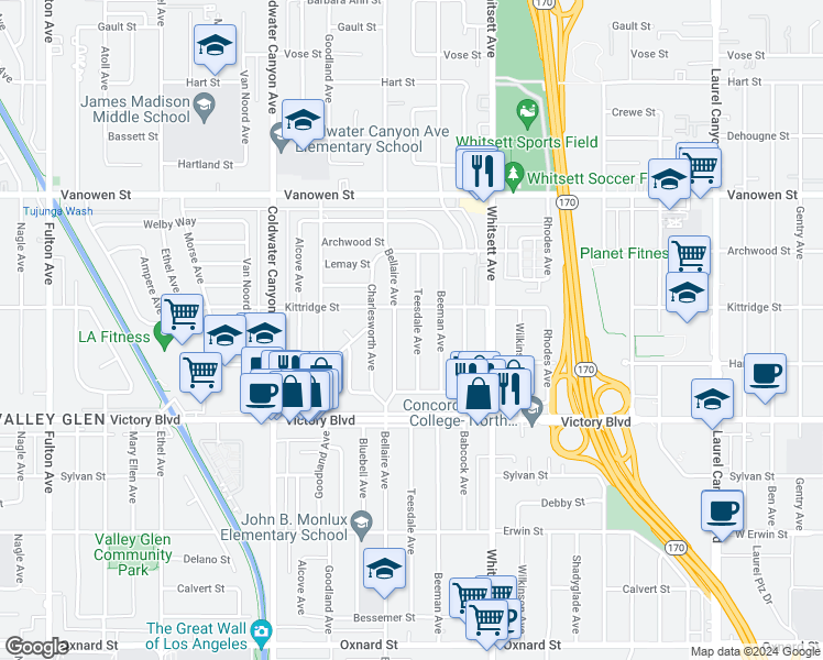 map of restaurants, bars, coffee shops, grocery stores, and more near 6533 Teesdale Avenue in Los Angeles