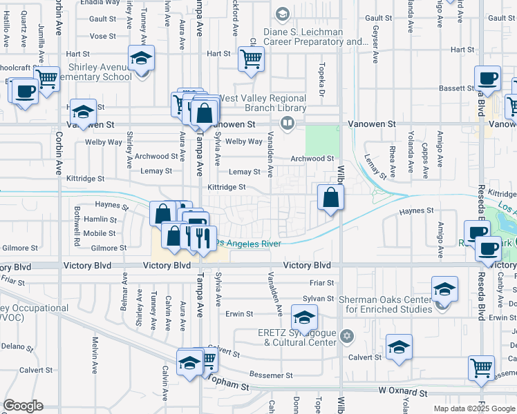 map of restaurants, bars, coffee shops, grocery stores, and more near 6551 Vanalden Avenue in Los Angeles