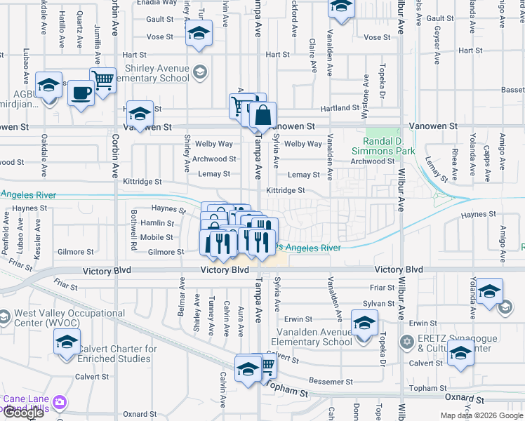 map of restaurants, bars, coffee shops, grocery stores, and more near 6539 Tampa Avenue in Los Angeles