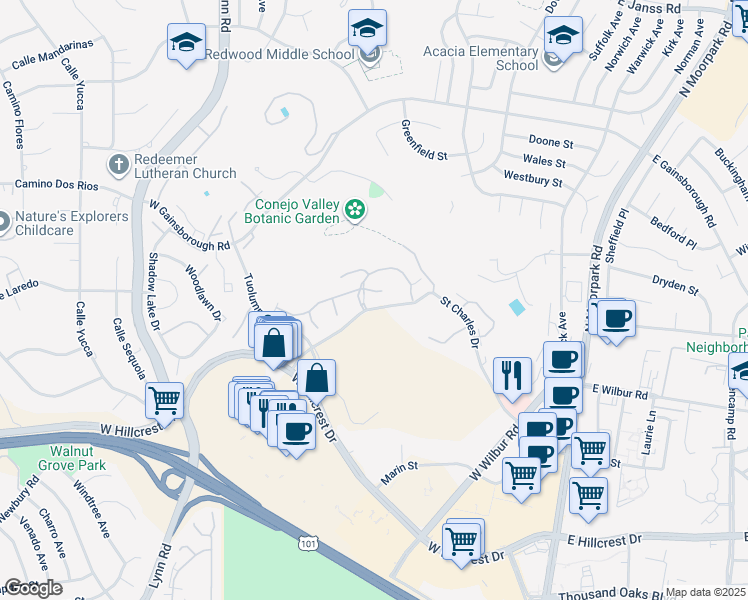 map of restaurants, bars, coffee shops, grocery stores, and more near 290 Sequoia Court in Thousand Oaks