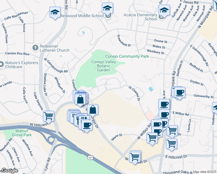map of restaurants, bars, coffee shops, grocery stores, and more near 290 Sequoia Court in Thousand Oaks