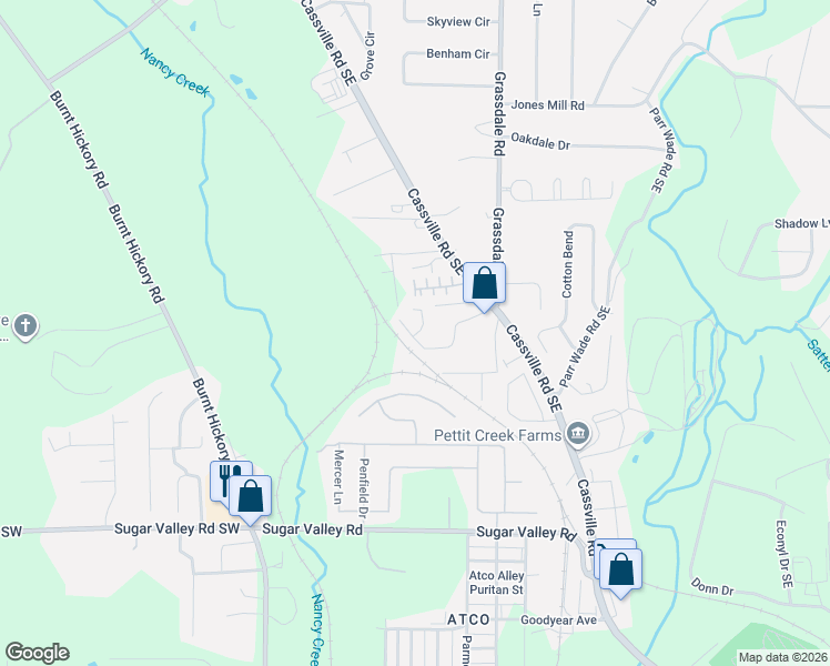 map of restaurants, bars, coffee shops, grocery stores, and more near 86 Middlebrook Drive in Cartersville